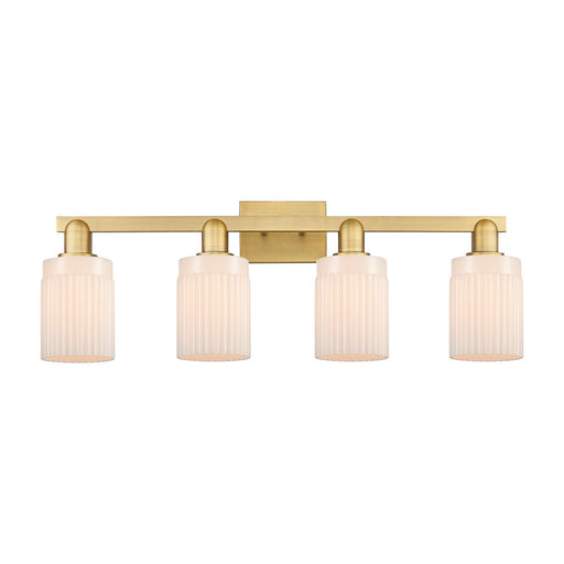 Innovations Hadley 32in 4-Light Bath Vanity Light | Industrial Brushed Brass Steel and Matte White Ribbed Glass | Bathroom Vanity | Model 716-4W-BB-G341