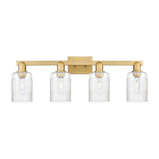 Innovations Hadley 32in 4-Light Bath Vanity Light | Industrial Brushed Brass Steel and Clear Ribbed Glass | Bathroom Vanity | Model 716-4W-BB-G342