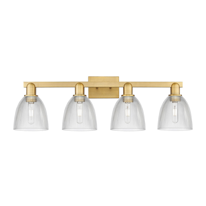 Innovations Castile 33in 4-Light Bath Vanity Light | Industrial Brushed Brass Steel and Clear Glass | Bathroom Vanity | Model 716-4W-BB-G382