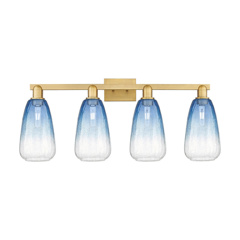 Innovations Brookhaven Almond 33in 4-Light Bath Vanity Light | Industrial Brushed Brass and Sapphire Blue Glass | Bathroom | Model 716-4W-BB-G480-6SB
