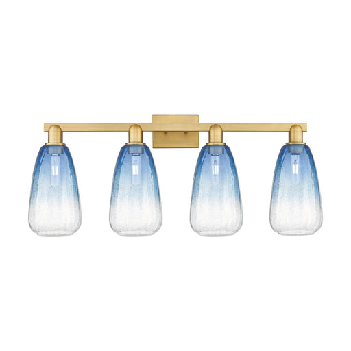 Innovations Brookhaven Almond 33in 4-Light Bath Vanity Light | Industrial Brushed Brass and Sapphire Blue Glass | Bathroom | Model 716-4W-BB-G480-6SB
