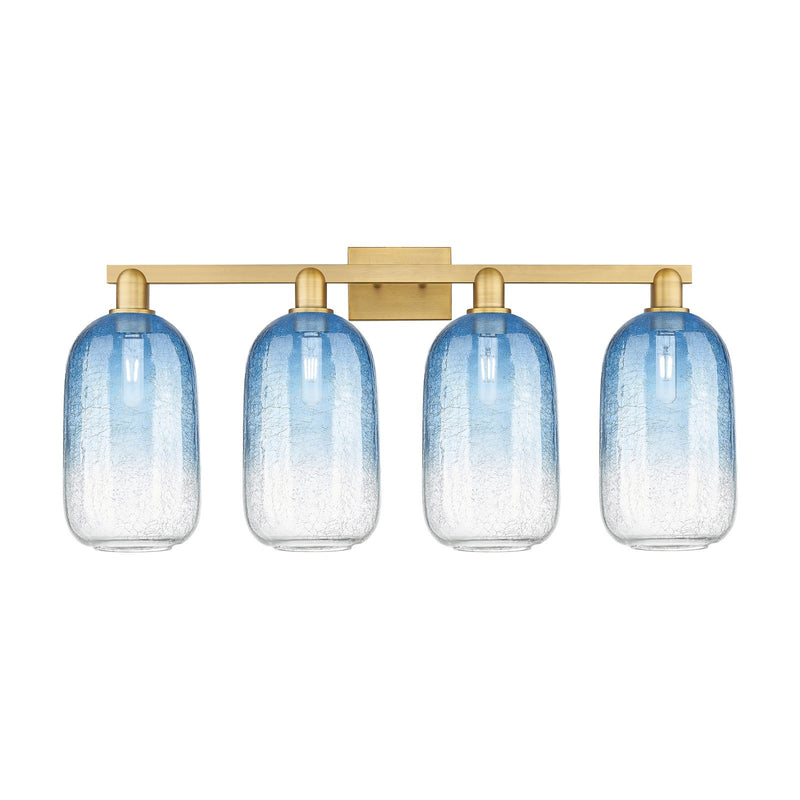 Innovations Brookhaven Cloche 34in 4-Light Bath Vanity | Industrial Brushed Brass and Sapphire Blue Glass | Bathroom Damp Rated | Model 716-4W-BB-G482-7SB