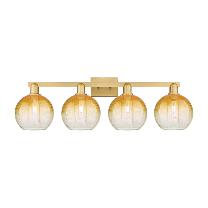Innovations Brookhaven Globe 35in 4-Light Bath Vanity Light | Industrial Brushed Brass and Amber Glass | Damp Rated Bathroom | Model 716-4W-BB-G483-8AM