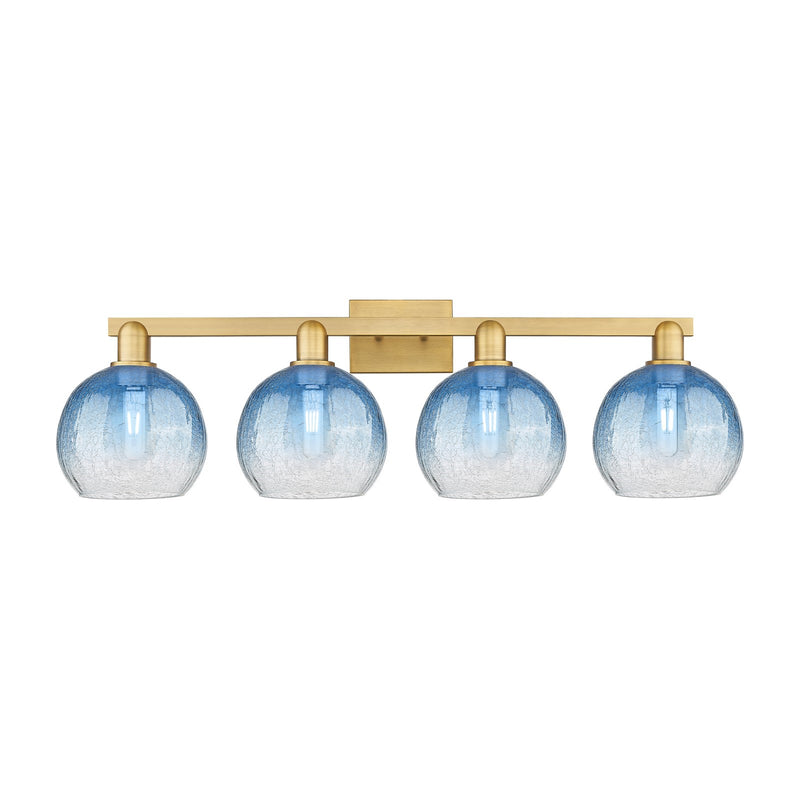 Innovations Brookhaven Globe 35in 4-Light Bath Vanity Light | Industrial Brushed Brass and Sapphire Blue Glass | Kitchen & | Model 716-4W-BB-G483-8SB
