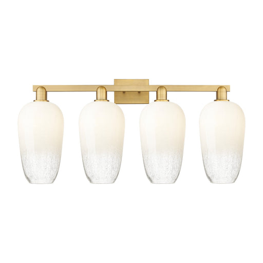 Innovations Brookhaven Flute 34in 4-Light Bath Vanity | Industrial Brushed Brass Steel and Opal Glass | Bathroom Vanity Light | Model 716-4W-BB-G484-7OP