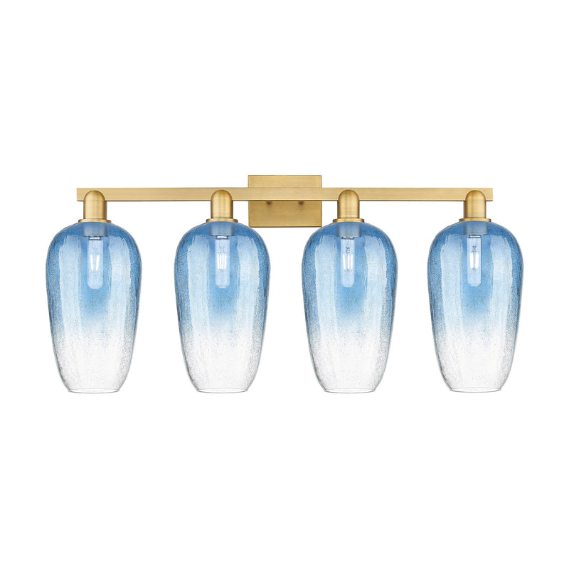 Innovations Brookhaven Flute 34in 4-Light Bath Vanity Light | Industrial Brushed Brass Steel and Sapphire Blue Glass | Bathroom | Model 716-4W-BB-G484-7SB