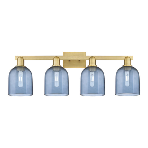 Innovations Bella 33in 4-Light Bath Vanity Light | Industrial Brushed Brass and Blue Glass | Bathroom Vanity | 32.5 x 11.25 in | Model 716-4W-BB-G558-6BL