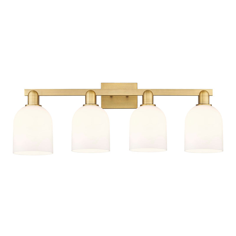 Innovations Bella 33in 4-Light Bath Vanity Light | Industrial Brushed Brass and White Glass | Kitchen & Bathroom Vanity | Model 716-4W-BB-G558-6GWH