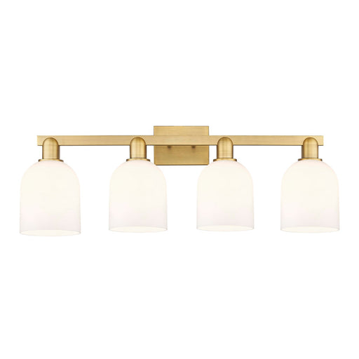 Innovations Bella 33in 4-Light Bath Vanity Light | Industrial Brushed Brass and White Glass | Kitchen & Bathroom Vanity | Model 716-4W-BB-G558-6GWH