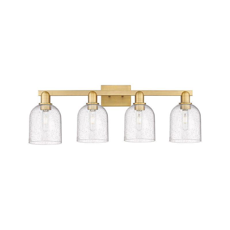 Innovations Bella 33in 4-Light Bath Vanity Light | Industrial Brushed Brass Steel and Seedy Bell Glass | Damp-Rated Bathroom | Model 716-4W-BB-G558-6SDY