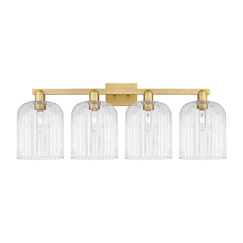 Innovations Bridal Veil 35in 4-Light Bath Vanity | Industrial Brushed Brass Steel and Clear Ribbed Glass | Bathroom & Powder | Model 716-4W-BB-G559-8CL