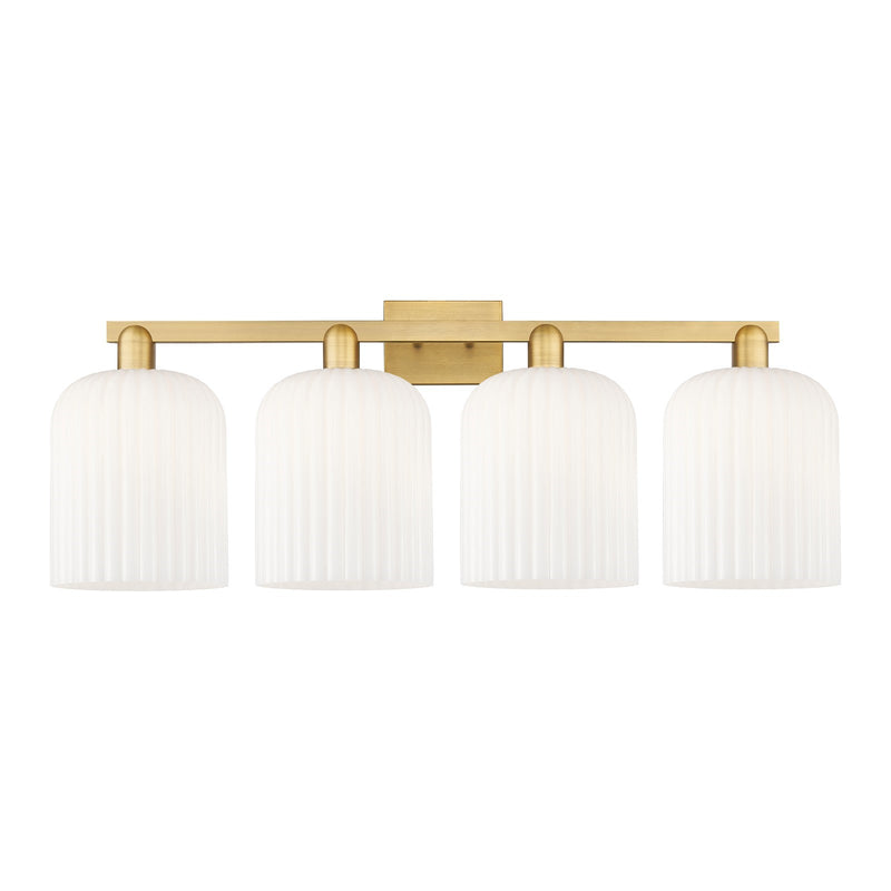 Innovations Bridal Veil 35in 4-Light Bath Vanity Light | Industrial Brushed Brass and Gloss White Ribbed Glass | Bathroom | Model 716-4W-BB-G559-8GWH