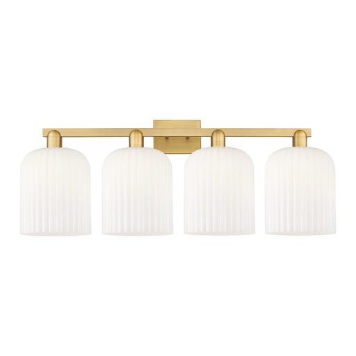 Innovations Bridal Veil 35in 4-Light Bath Vanity Light | Industrial Brushed Brass and Gloss White Ribbed Glass | Bathroom | Model 716-4W-BB-G559-8GWH