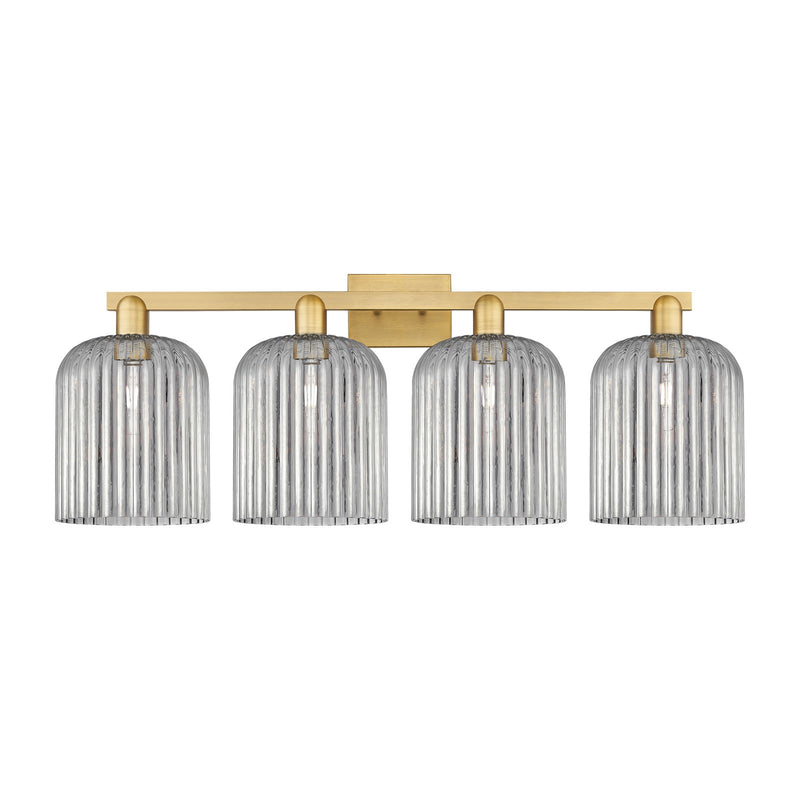 Innovations Bridal Veil 35in 4-Light Bath Vanity | Industrial Brushed Brass and Light Smoke Ribbed Glass | Bathroom Vanity | Model 716-4W-BB-G559-8SM