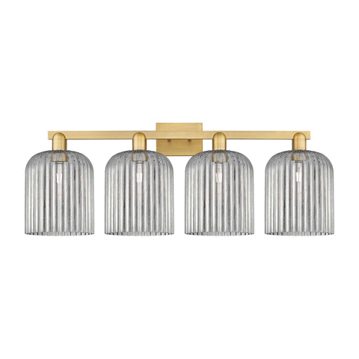 Innovations Bridal Veil 35in 4-Light Bath Vanity | Industrial Brushed Brass and Light Smoke Ribbed Glass | Bathroom Vanity | Model 716-4W-BB-G559-8SM