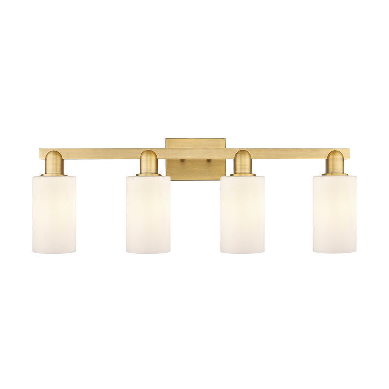 Innovations Clymer 31in 4-Light Bath Vanity Light | Industrial Brushed Brass and Matte White Glass | Bathroom Vanity | Model 716-4W-BB-G801
