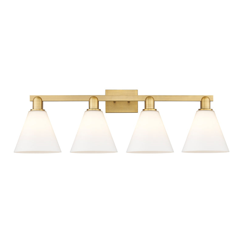Innovations Berkshire Glass 35in 4-Light Bath Vanity | Industrial Brushed Brass Steel and Matte White Glass Cone Shade | Bathroom | Model 716-4W-BB-GBC-81