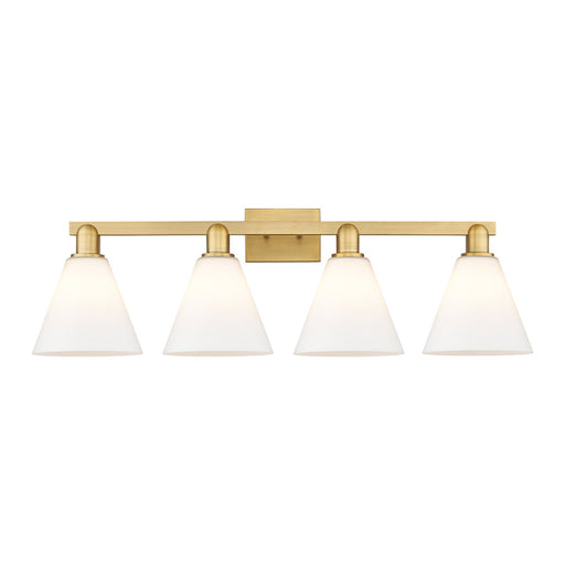 Innovations Berkshire Glass 35in 4-Light Bath Vanity | Industrial Brushed Brass Steel and Matte White Glass Cone Shade | Bathroom | Model 716-4W-BB-GBC-81