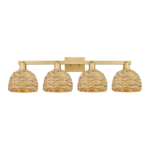 Innovations Woven Rattan 35in 4-Light Bath Vanity Light | Industrial Brushed Brass and Natural Fiber Dome Shade | Bathroom | Model 716-4W-BB-RBD-8-NAT