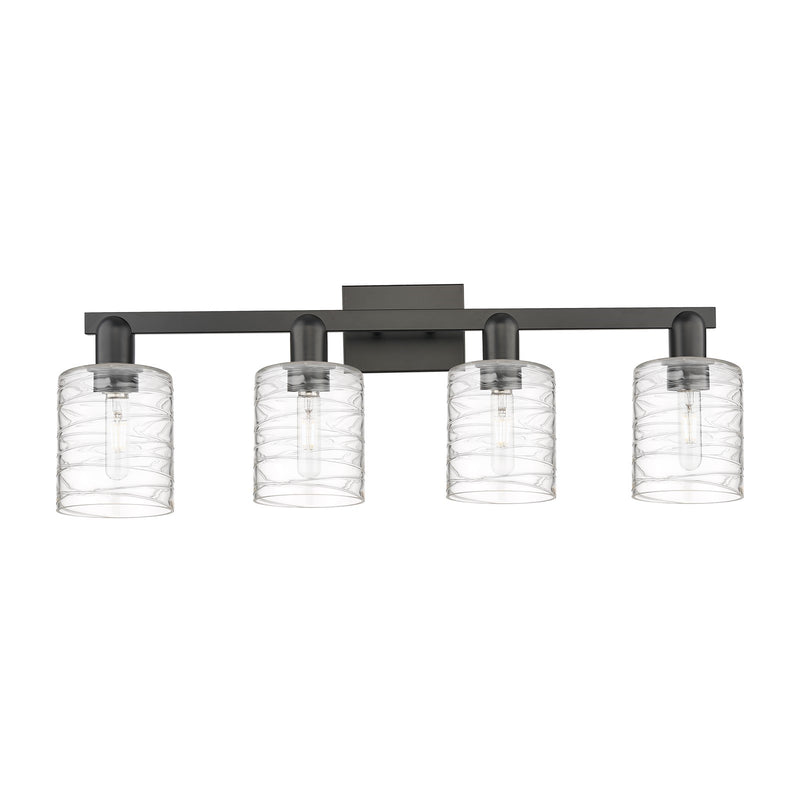 Innovations Cobbleskill 32in 4-Light Bath Vanity Light | Industrial Matte Black Steel and Deco Swirl Clear Glass | Bathroom Vanity | Model 716-4W-BK-G1113