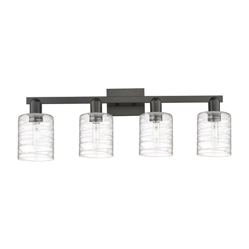 Innovations Cobbleskill 32in 4-Light Bath Vanity Light | Industrial Matte Black Steel and Deco Swirl Clear Glass | Bathroom Vanity | Model 716-4W-BK-G1113