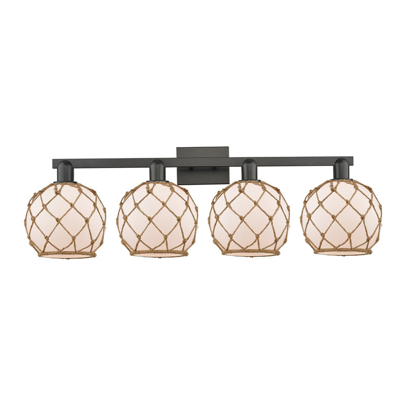 Innovations Farmhouse Rope 35in 4-Light Bath Vanity | Industrial Matte Black Steel and White Frosted Glass with Brown Rope | Model 716-4W-BK-G121-8RB