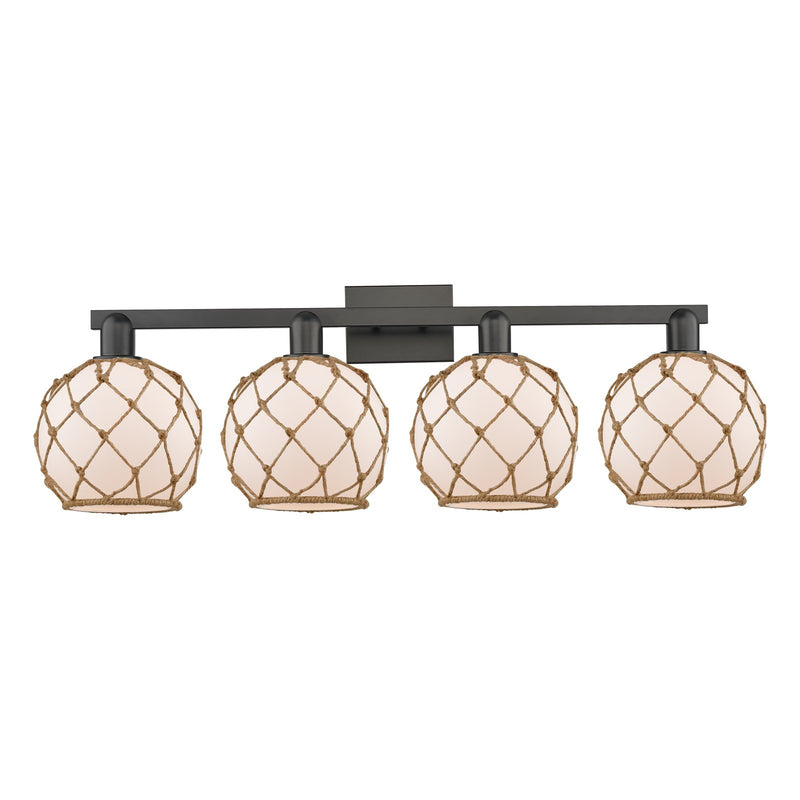 Innovations Farmhouse Rope 35in 4-Light Bath Vanity | Industrial Matte Black Steel and White Frosted Glass Rope Shade | Model 716-4W-BK-G121-8RW