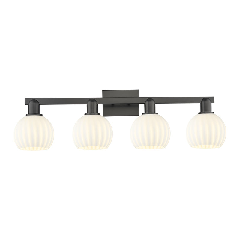 Innovations Lighting White Venetian 33in 4-Light Bath Vanity | Industrial Matte Black and White Venetian Glass | Bathroom | Model 716-4W-BK-G1217-6WV