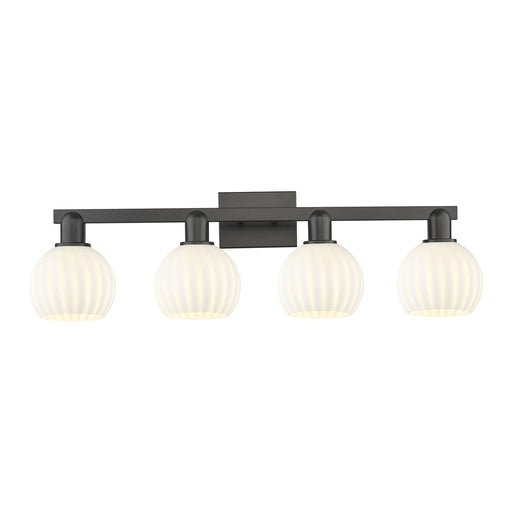 Innovations Lighting White Venetian 33in 4-Light Bath Vanity | Industrial Matte Black and White Venetian Glass | Bathroom | Model 716-4W-BK-G1217-6WV