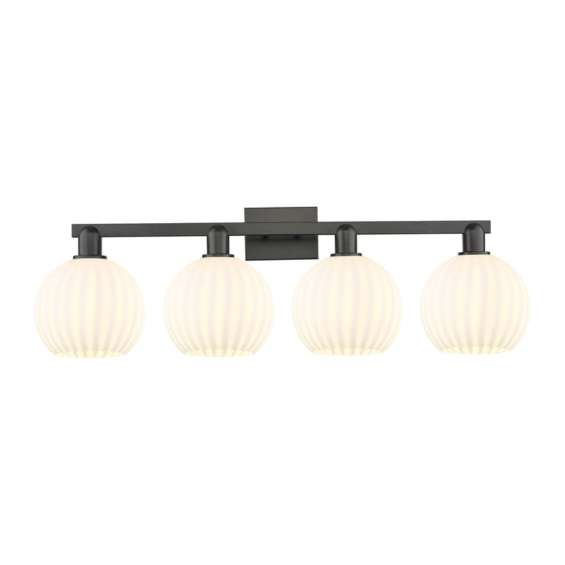 Innovations White Venetian 35in 4-Light Bath Vanity | Industrial Matte Black Steel and White Venetian Glass | Bathroom Vanity | Model 716-4W-BK-G1217-8WV