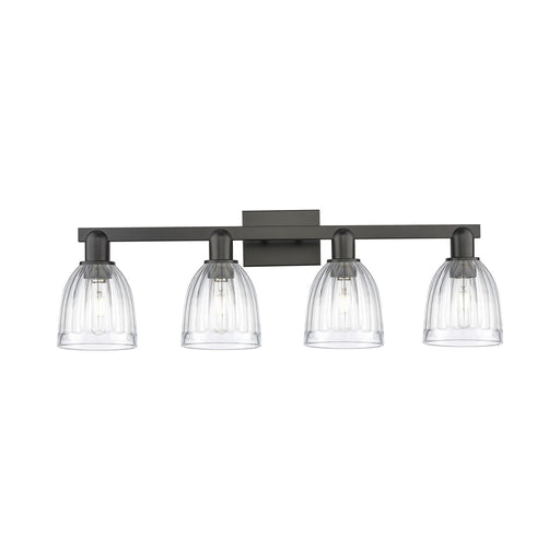 Innovations Brookfield 33in 4-Light Bath Vanity Light | Industrial Matte Black Steel and Clear Ribbed Glass | Bathroom Vanity | Model 716-4W-BK-G442
