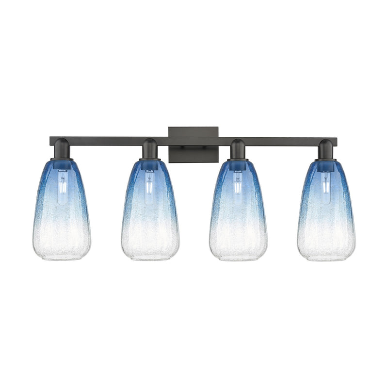 Innovations Brookhaven Almond 33in 4-Light Bath Vanity | Industrial Modern Matte Black Steel and Sapphire Blue Glass | Bathroom | Model 716-4W-BK-G480-6SB