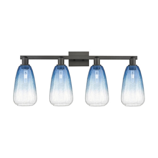 Innovations Brookhaven Almond 33in 4-Light Bath Vanity | Industrial Modern Matte Black Steel and Sapphire Blue Glass | Bathroom | Model 716-4W-BK-G480-6SB