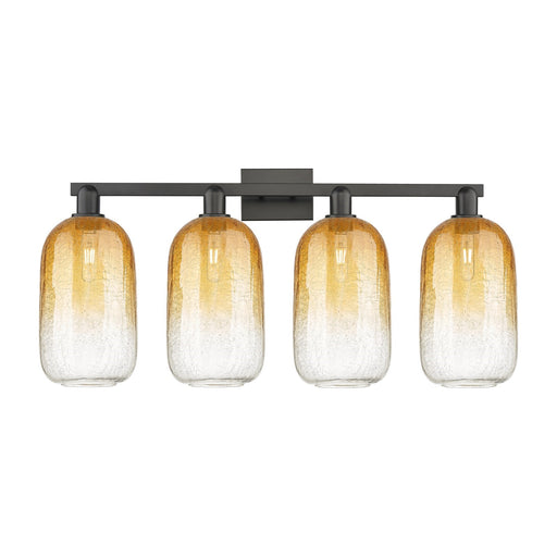 Innovations Brookhaven Cloche 34in 4-Light Bath Vanity Light | Industrial Matte Black Steel and Amber Glass | Damp Rated | Model 716-4W-BK-G482-7AM