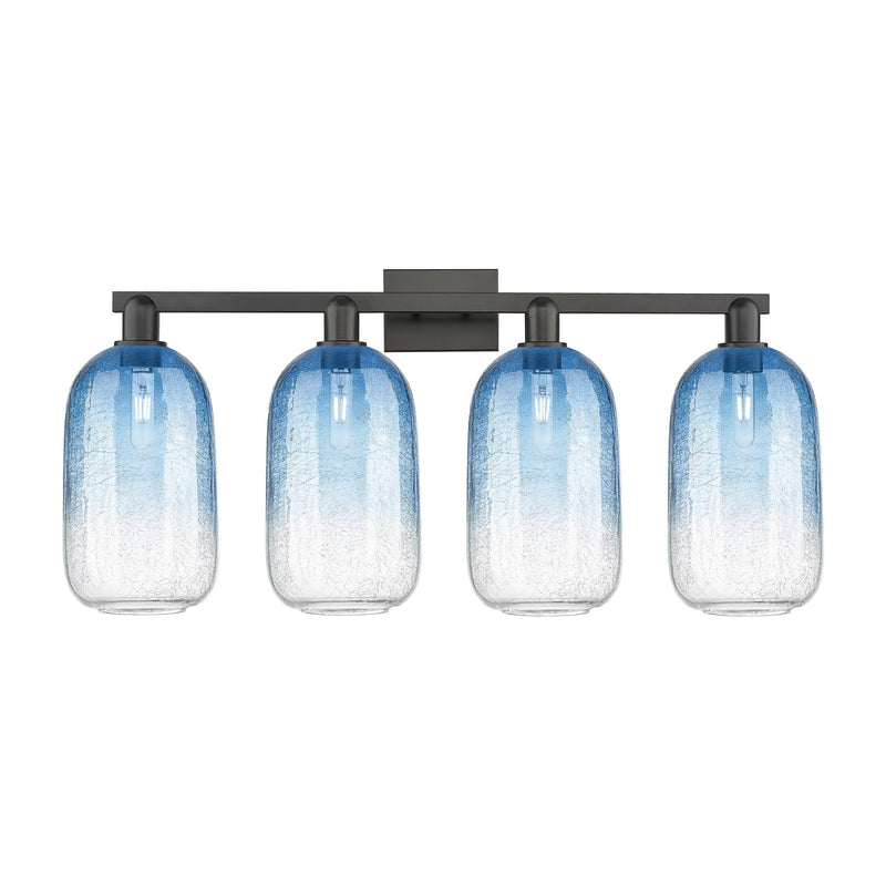 Innovations Brookhaven Cloche 34in 4-Light Bath Vanity | Industrial Matte Black Steel and Sapphire Blue Glass | Bathroom Vanity | Model 716-4W-BK-G482-7SB