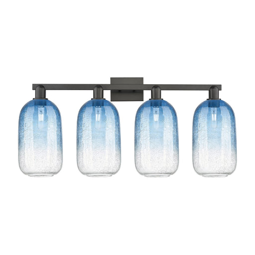 Innovations Brookhaven Cloche 34in 4-Light Bath Vanity | Industrial Matte Black Steel and Sapphire Blue Glass | Bathroom Vanity | Model 716-4W-BK-G482-7SB