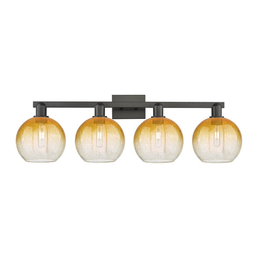 Innovations Brookhaven Globe 35in 4-Light Bath Vanity | Industrial Matte Black Steel and Amber Glass | Damp-Rated Bathroom & | Model 716-4W-BK-G483-8AM