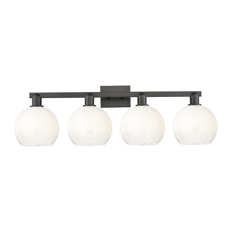 Innovations Brookhaven Globe 35in 4-Light Bath Vanity | Industrial Matte Black Steel and Opal Glass | Bathroom Vanity Light | Model 716-4W-BK-G483-8OP