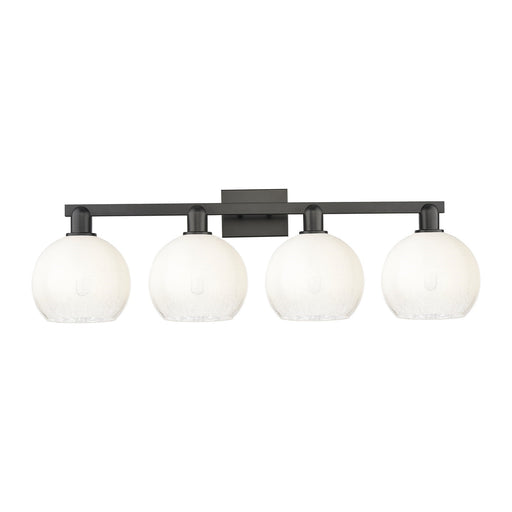 Innovations Brookhaven Globe 35in 4-Light Bath Vanity | Industrial Matte Black Steel and Opal Glass | Bathroom Vanity Light | Model 716-4W-BK-G483-8OP