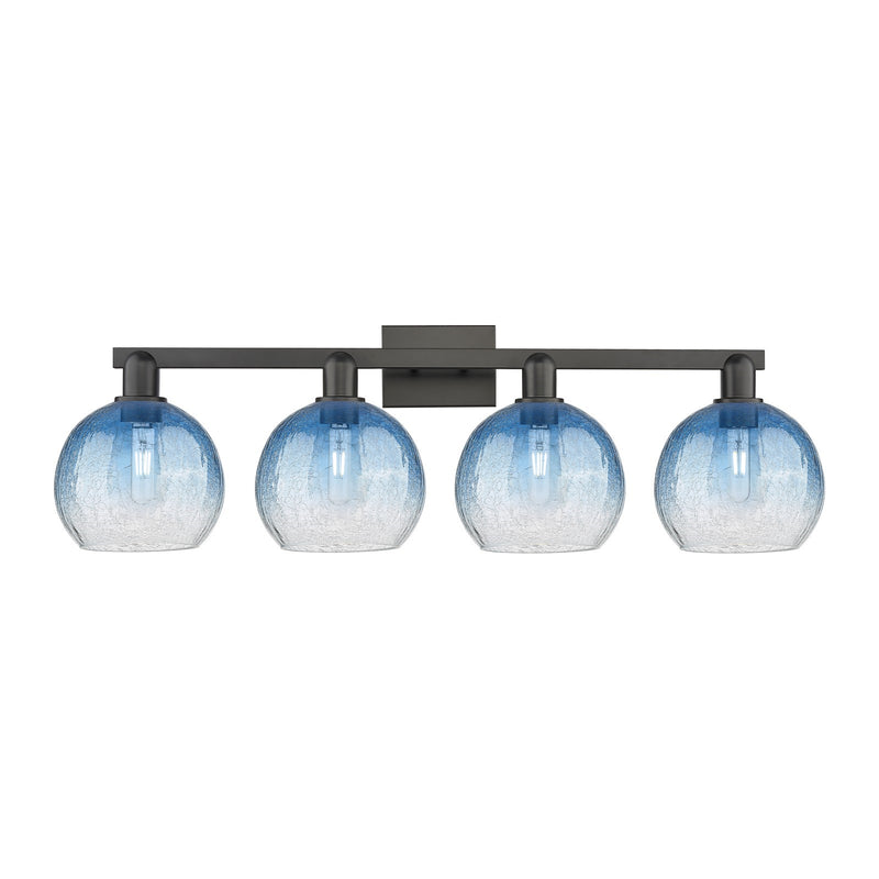 Innovations Brookhaven Globe 35in 4-Light Bath Vanity Light | Industrial Matte Black Steel and Sapphire Blue Glass | Bathroom | Model 716-4W-BK-G483-8SB