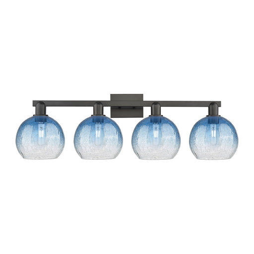 Innovations Brookhaven Globe 35in 4-Light Bath Vanity Light | Industrial Matte Black Steel and Sapphire Blue Glass | Bathroom | Model 716-4W-BK-G483-8SB