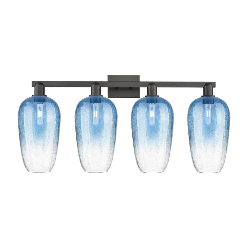 Innovations Brookhaven Flute 34in 4-Light Bath Vanity | Industrial Matte Black Steel and Sapphire Blue Glass | Bathroom Vanity | Model 716-4W-BK-G484-7SB