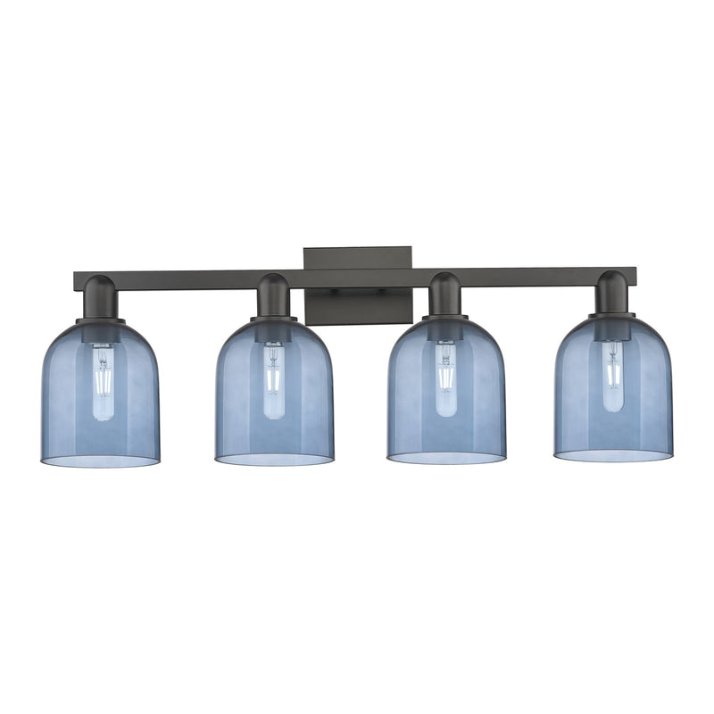 Innovations Bella 33in 4-Light Bath Vanity Light | Industrial Matte Black Steel and Blue Glass | Bathroom Vanity | Model 716-4W-BK-G558-6BL