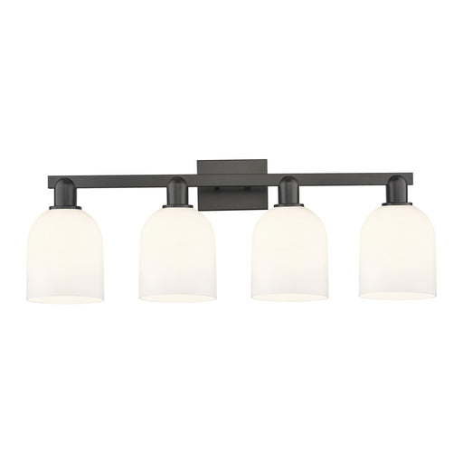 Innovations Bella 33in 4-Light Bath Vanity Light | Industrial Matte Black Steel and Cast Brass with White Glass Shade | Model 716-4W-BK-G558-6GWH