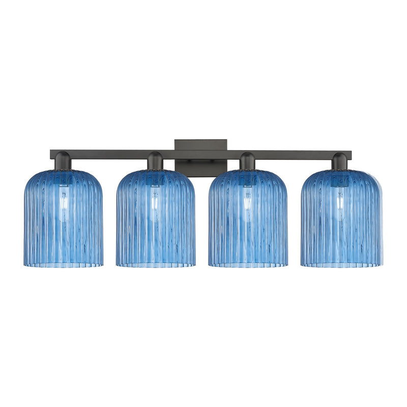 Innovations Bridal Veil 35in 4-Light Bath Vanity Light | Industrial Matte Black Steel and Princess Blue Ribbed Glass | Bathroom | Model 716-4W-BK-G559-8BL