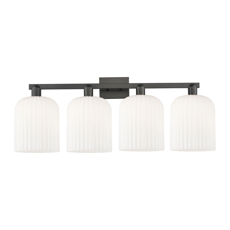 Innovations Bridal Veil 35in 4-Light Bath Vanity Light | Industrial Matte Black Steel and Gloss White Ribbed Glass | Bathroom | Model 716-4W-BK-G559-8GWH
