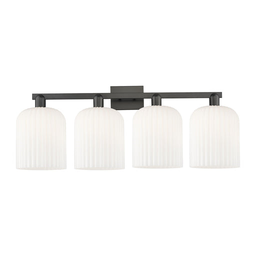 Innovations Bridal Veil 35in 4-Light Bath Vanity Light | Industrial Matte Black Steel and Gloss White Ribbed Glass | Bathroom | Model 716-4W-BK-G559-8GWH