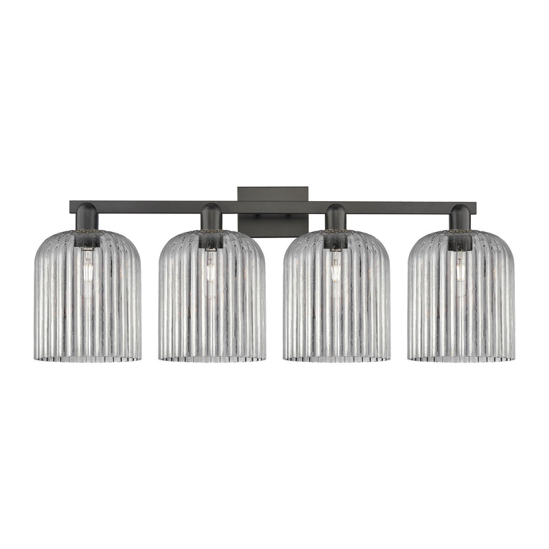 Innovations Bridal Veil 35in 4-Light Bath Vanity Light | Industrial Matte Black Steel and Light Smoke Ribbed Glass | Bathroom | Model 716-4W-BK-G559-8SM