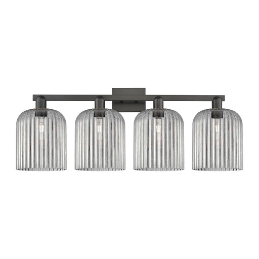 Innovations Bridal Veil 35in 4-Light Bath Vanity Light | Industrial Matte Black Steel and Light Smoke Ribbed Glass | Bathroom | Model 716-4W-BK-G559-8SM