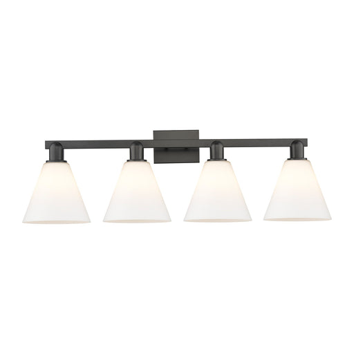 Innovations Berkshire Glass 35in 4-Light Bath Vanity | Industrial Matte Black Steel and Matte White Glass | Bathroom Vanity Light | Model 716-4W-BK-GBC-81